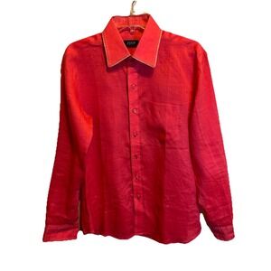 Zoop Men Shirt Linen Red Long Sleeve Button Size 40‎ Pocket Stitch Detail